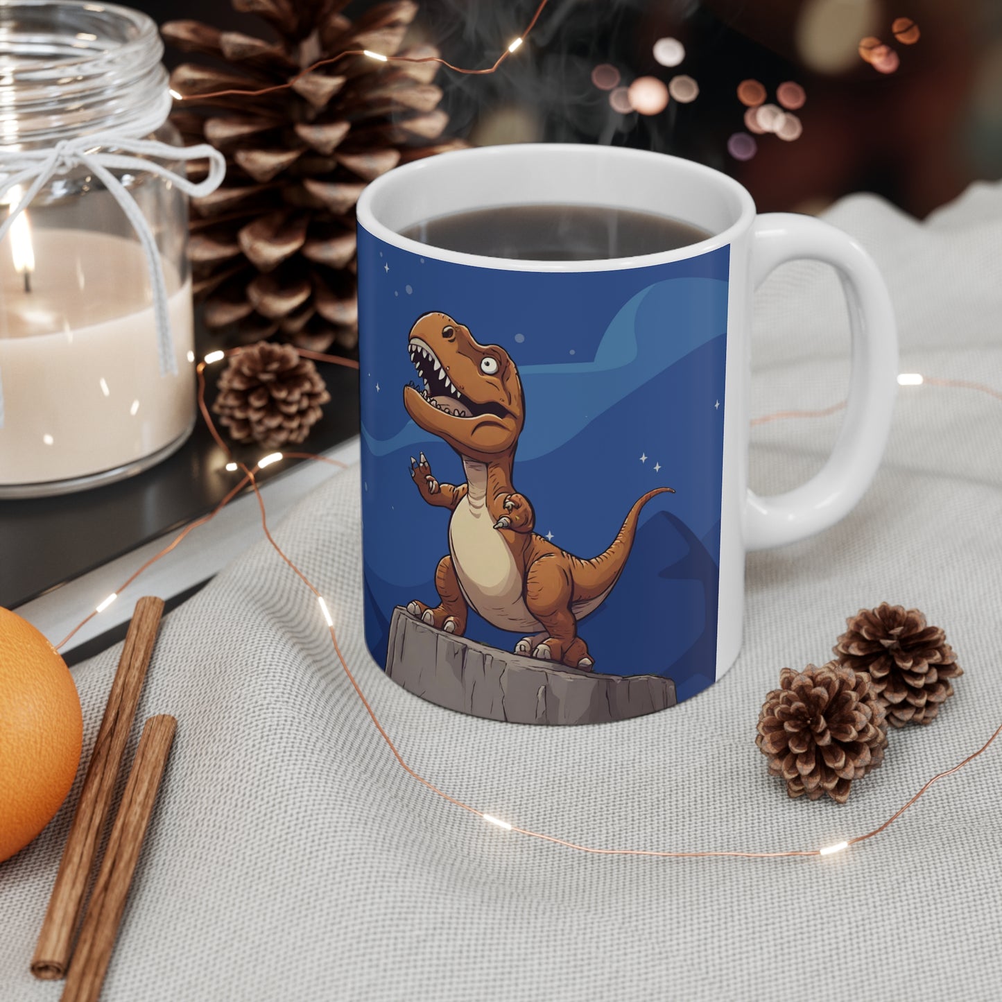 a coffee mug with a cartoon dinosaur on it