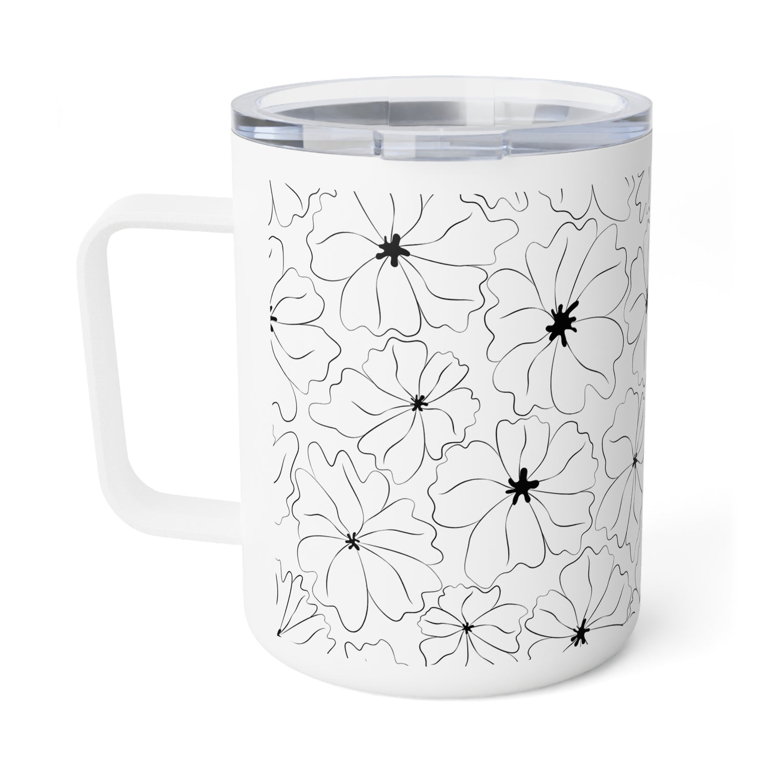 a white coffee mug with black flowers on it