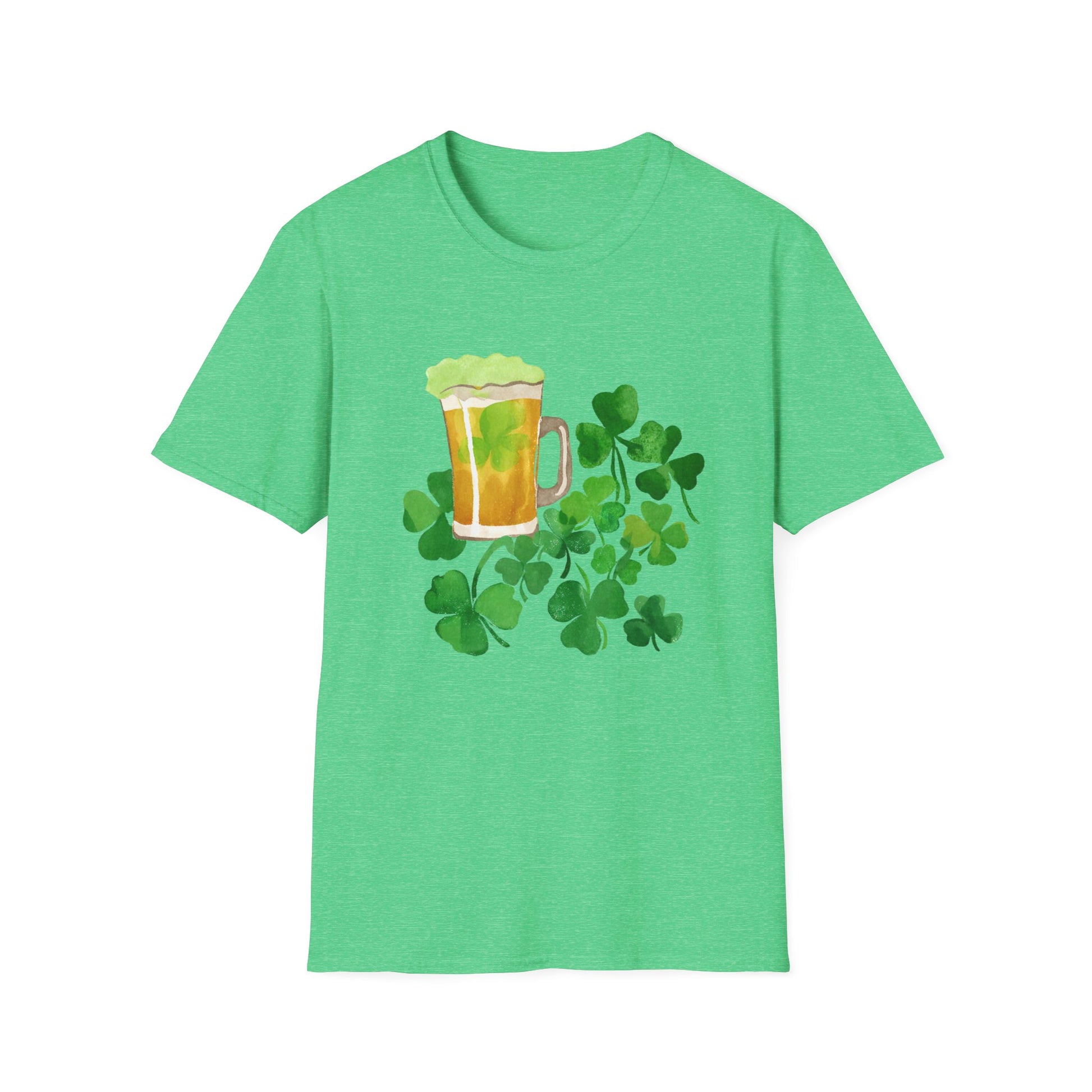 a green t - shirt with a mug of beer and shamrock leaves