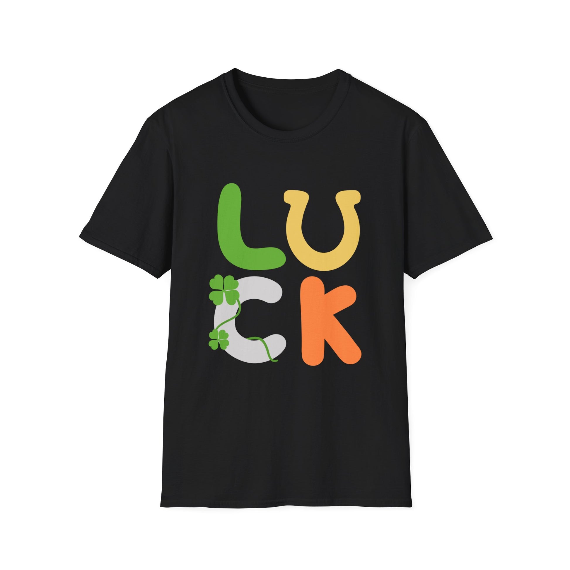 a black t - shirt with the word luck printed on it