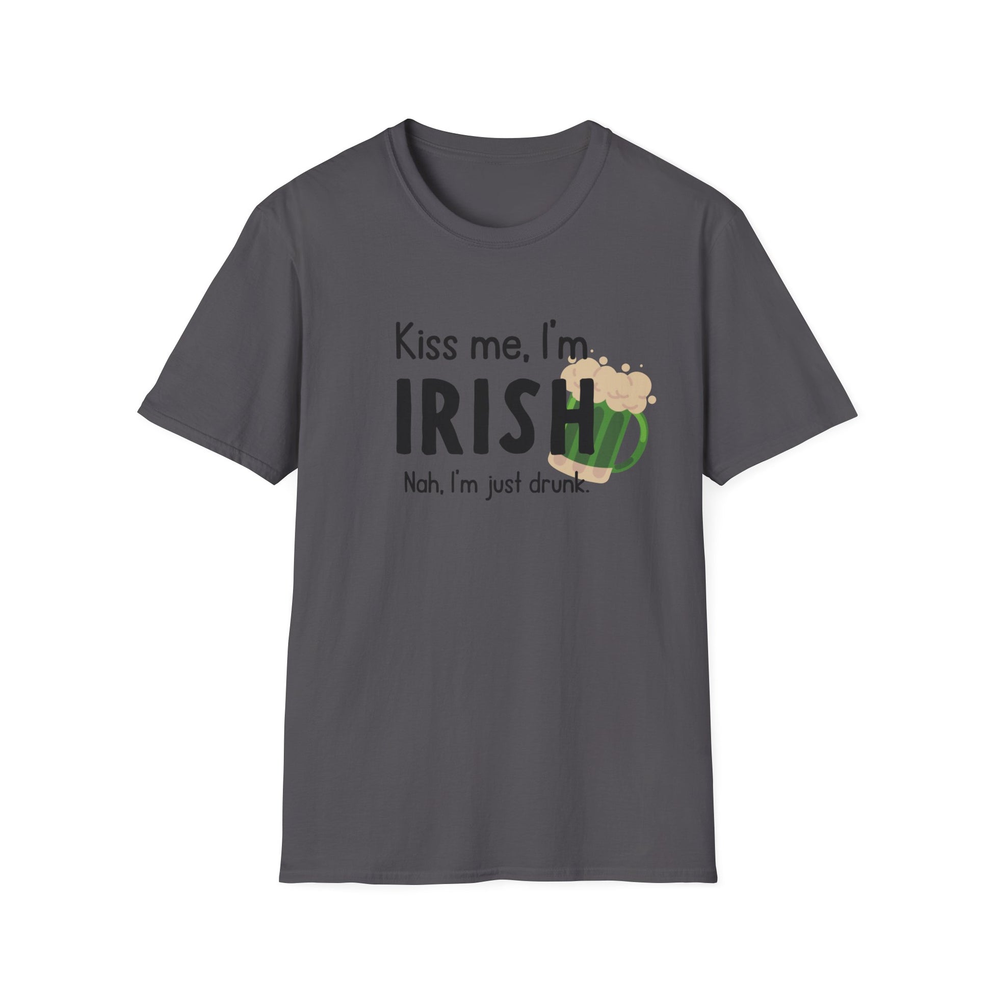 a grey t - shirt with the words kiss me i'm irish and a