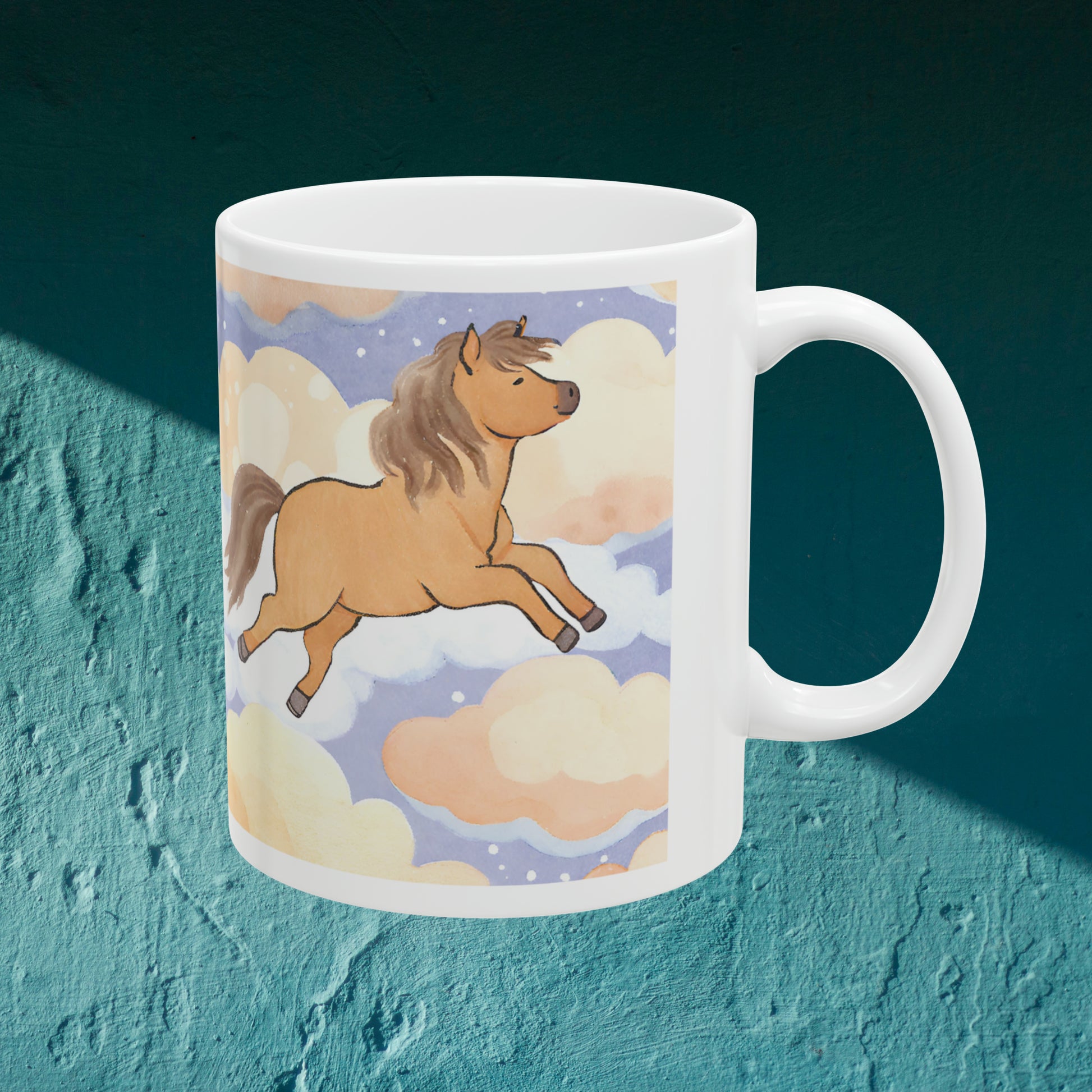 a coffee mug with a picture of a horse on it