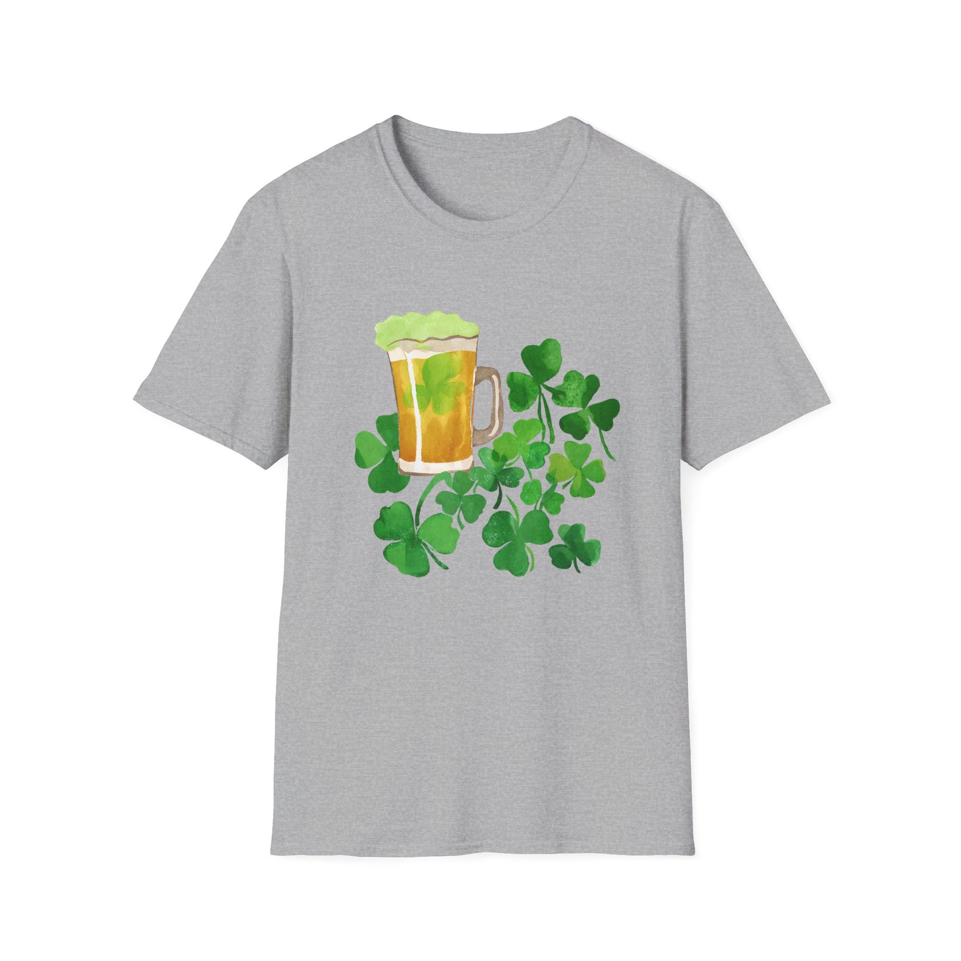 a gray t - shirt with a mug of beer and shamrock leaves