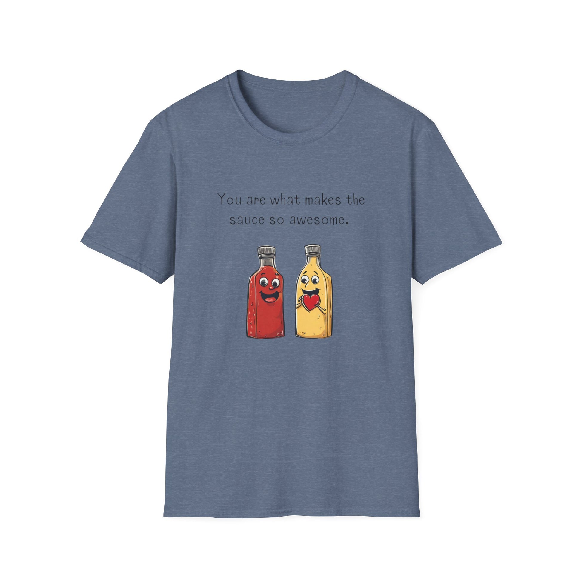 a t - shirt with an image of mustard and ketchup and a heart that says you are what makes the sauce so awesome