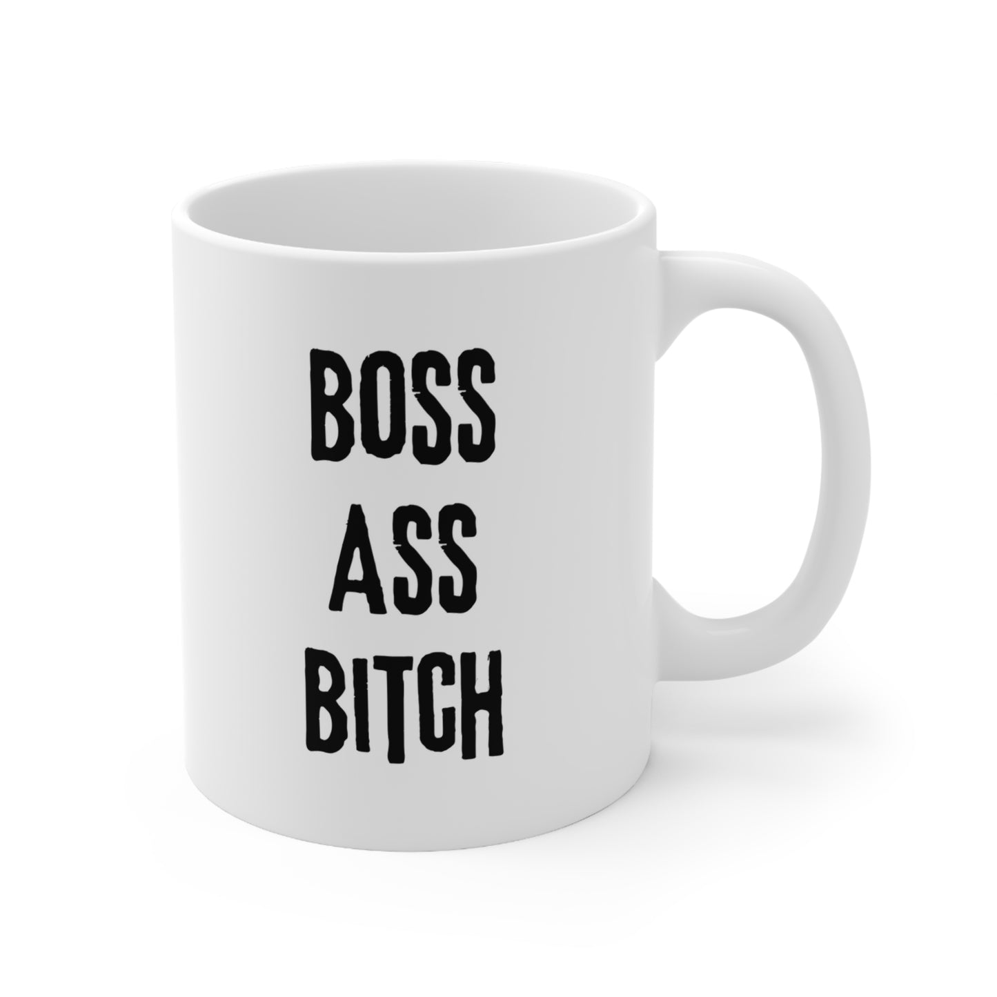 View of mug with handle on right and large black text