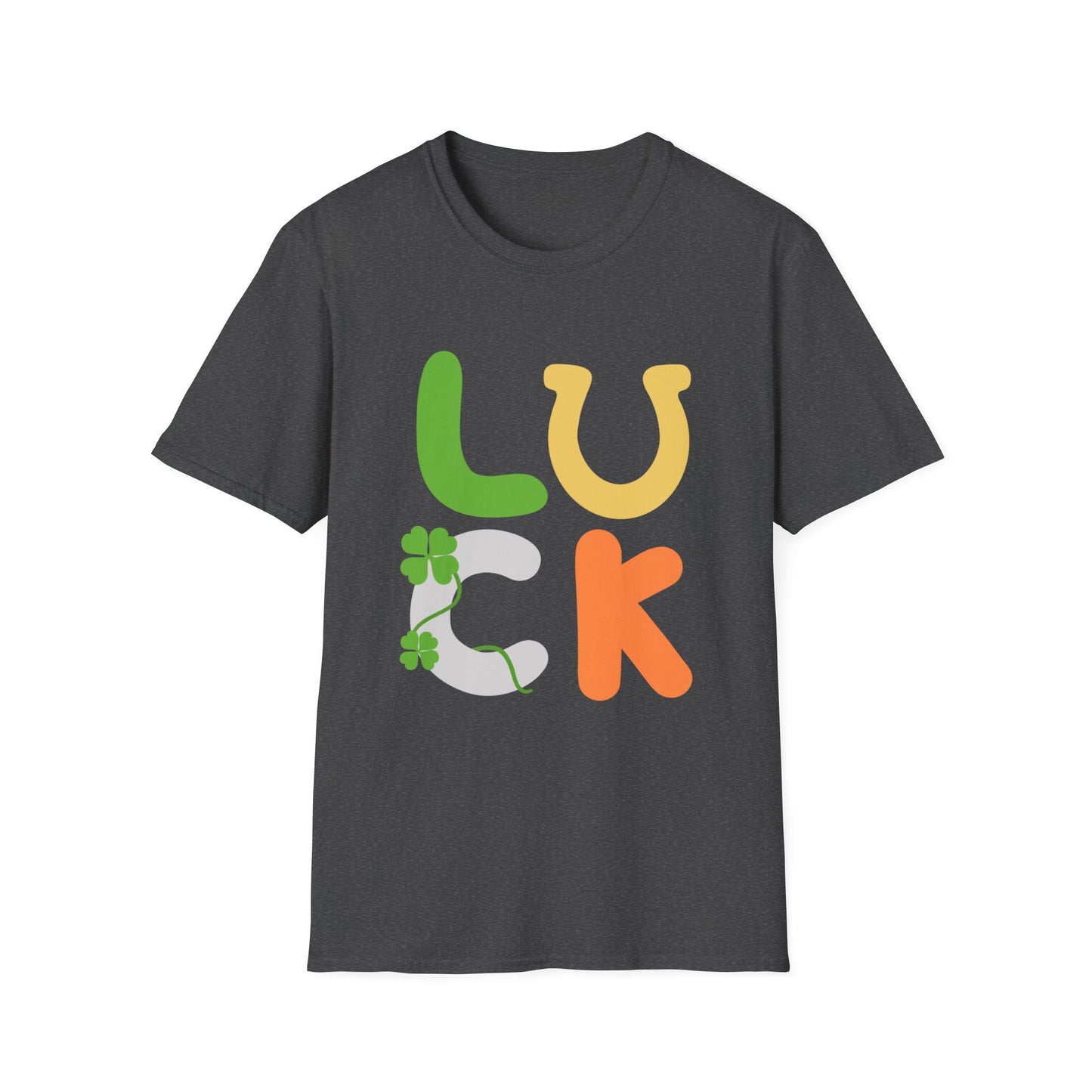 a black t - shirt with the word luck on it