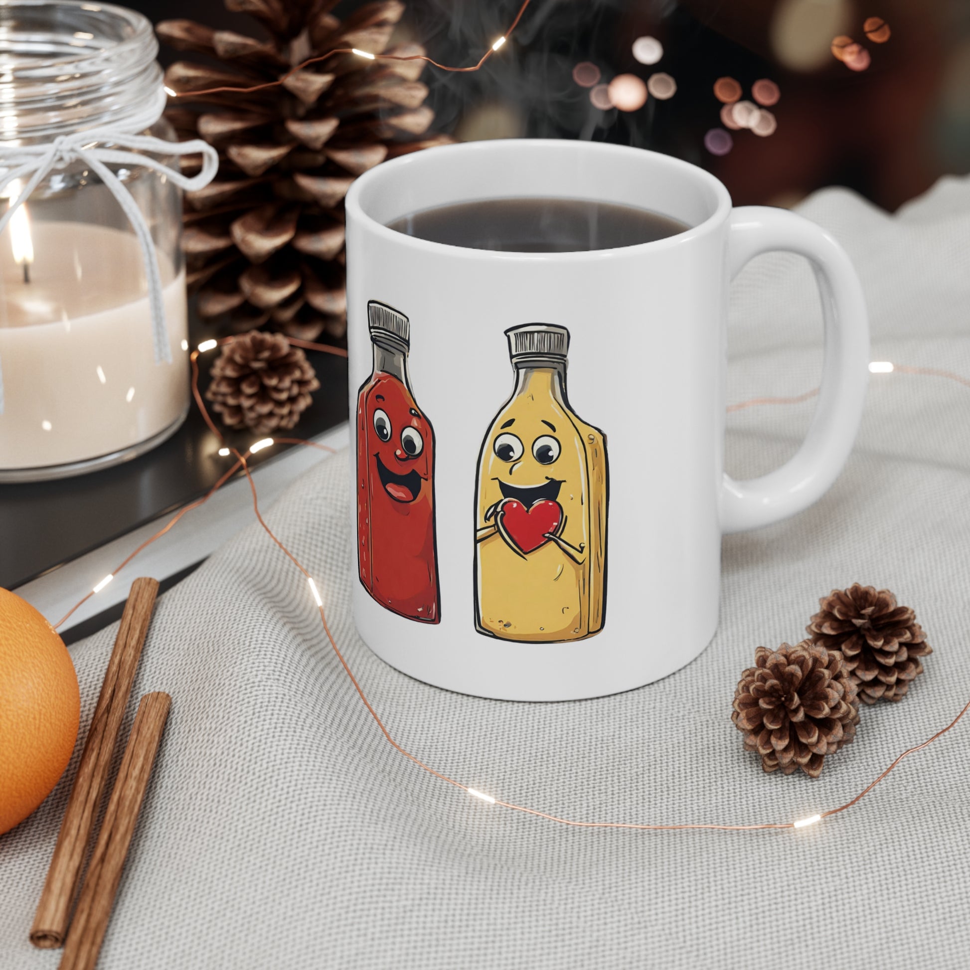 View of mug with handle to the right and a ketchup and mustard bottle with a heart