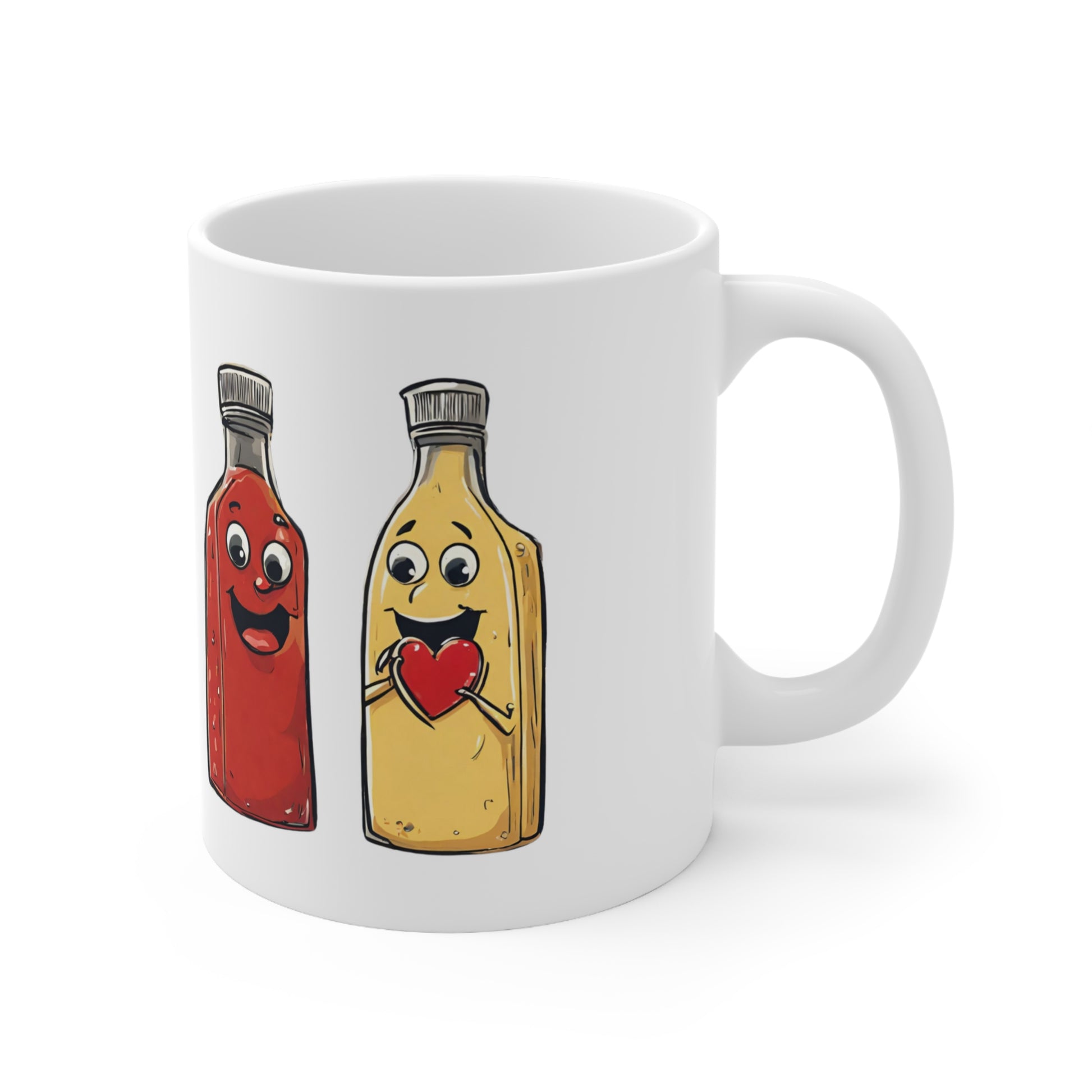 View of mug with handle to the right and a ketchup and mustard bottle with a heart