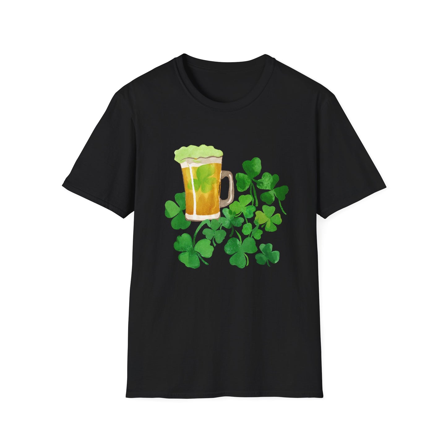 a black t - shirt with shamrocks and a mug of beer