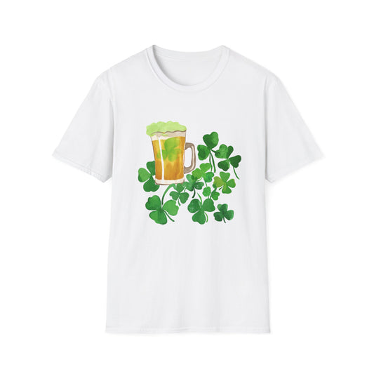 a white t - shirt with a mug of beer and shamrock leaves