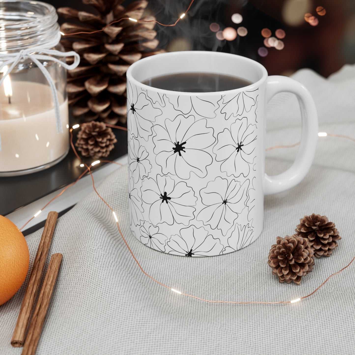 Coffee mug on table with festive decor