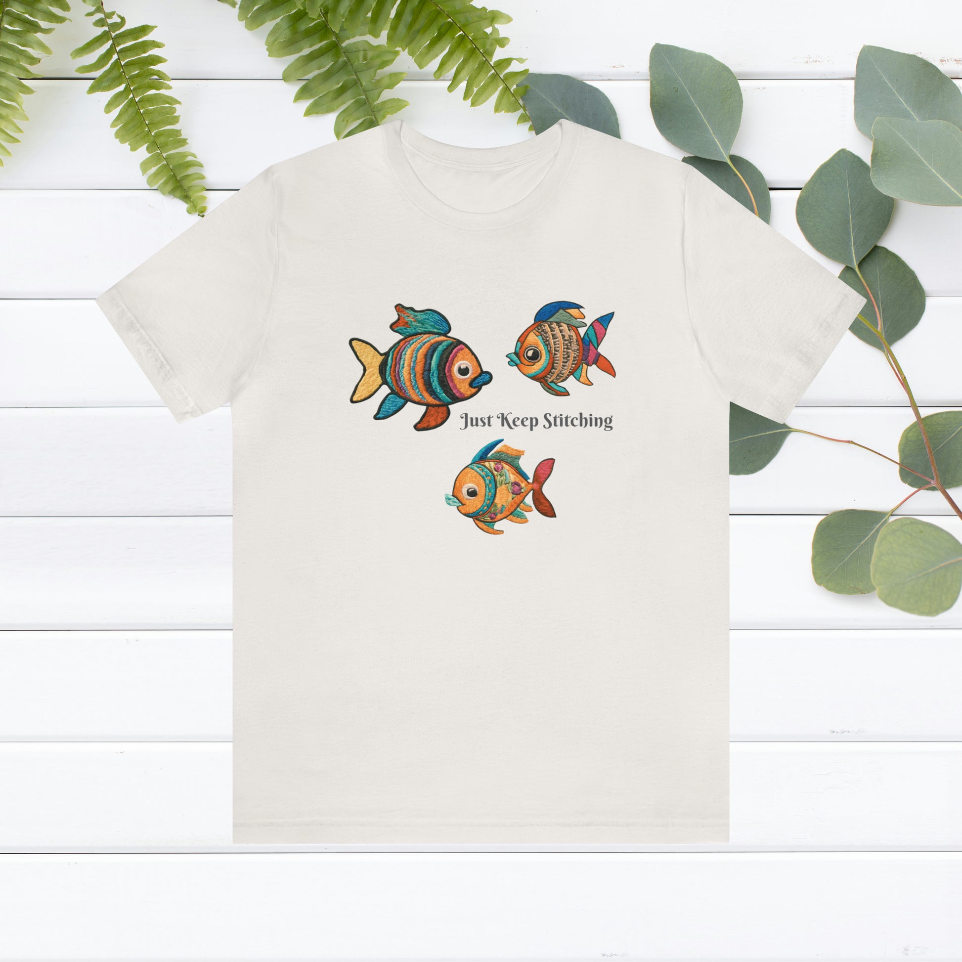 Just Keep Stitching Embroidered fish shirt