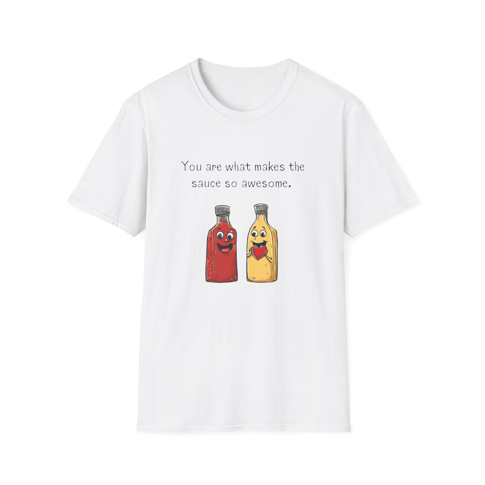 a white t - shirt with an image of mustard and ketchup and a heart that says you are what makes the sauce so awesome