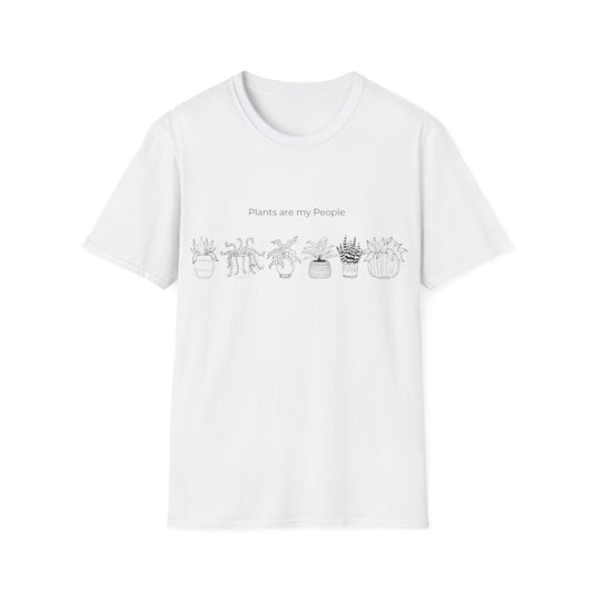 a white t - shirt with a line drawing of plants