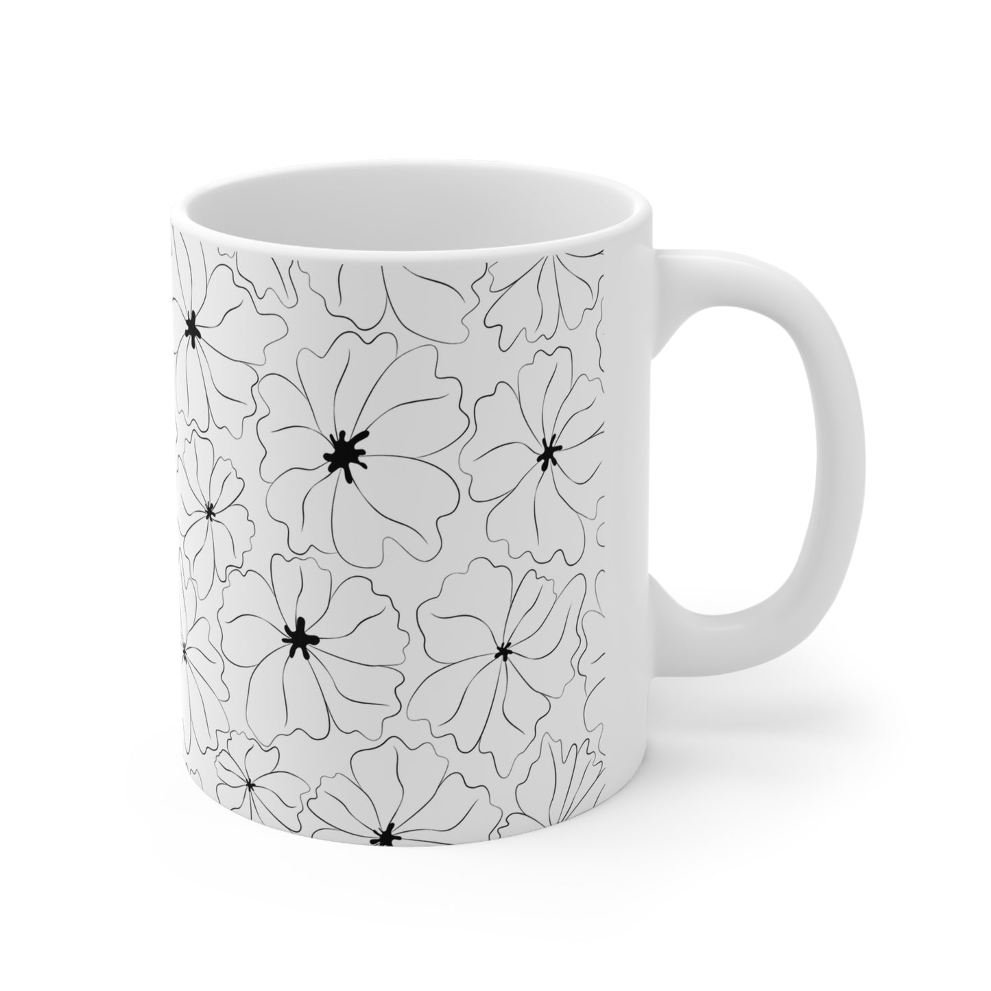 Side view of cup with handle on right showing a pattern of black and white flowers