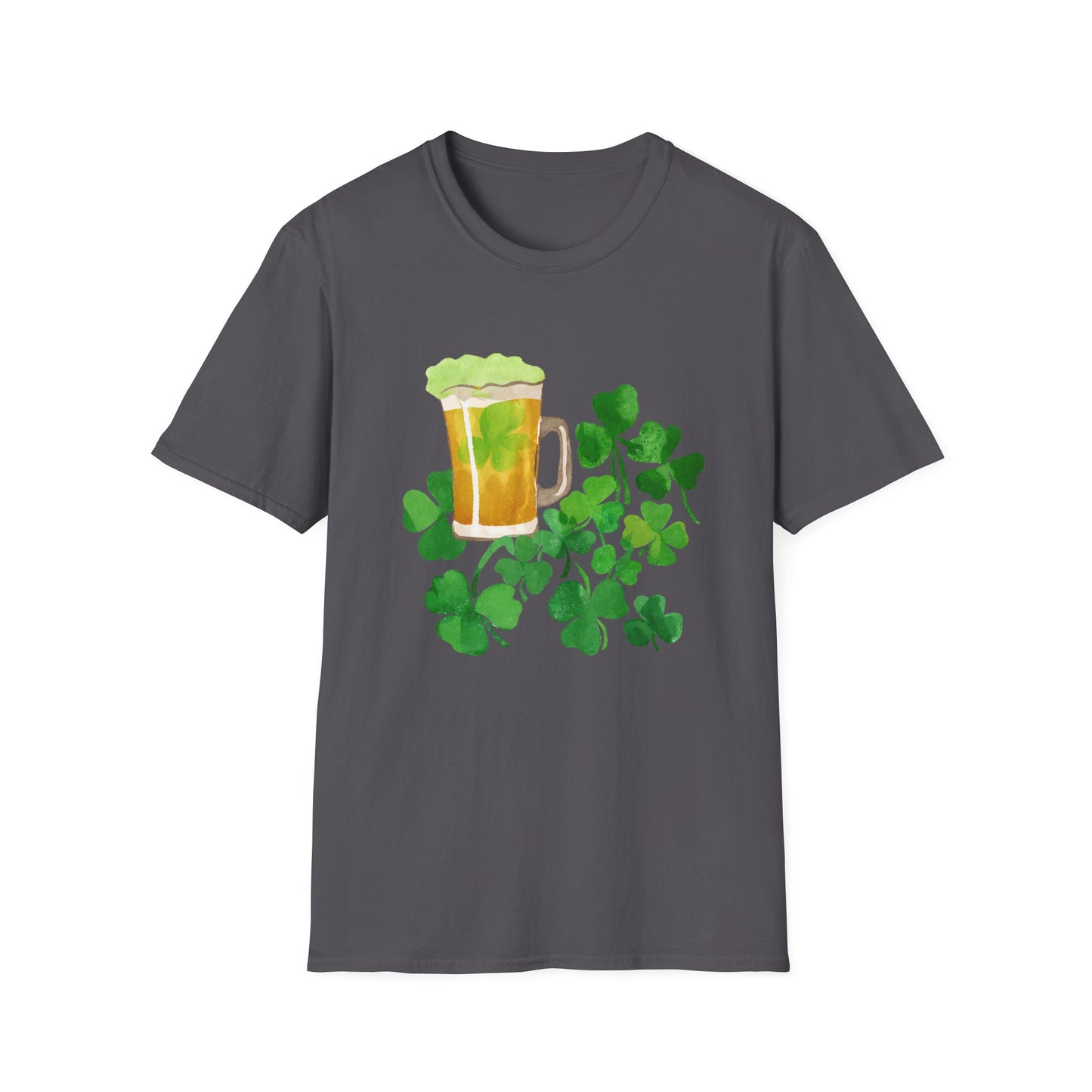 a gray t - shirt with a mug of beer and shamrock leaves