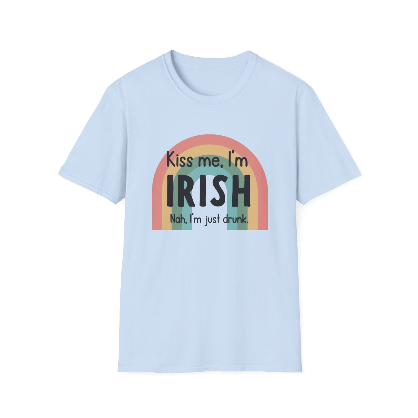 a blue t - shirt that says kiss me i'm irish