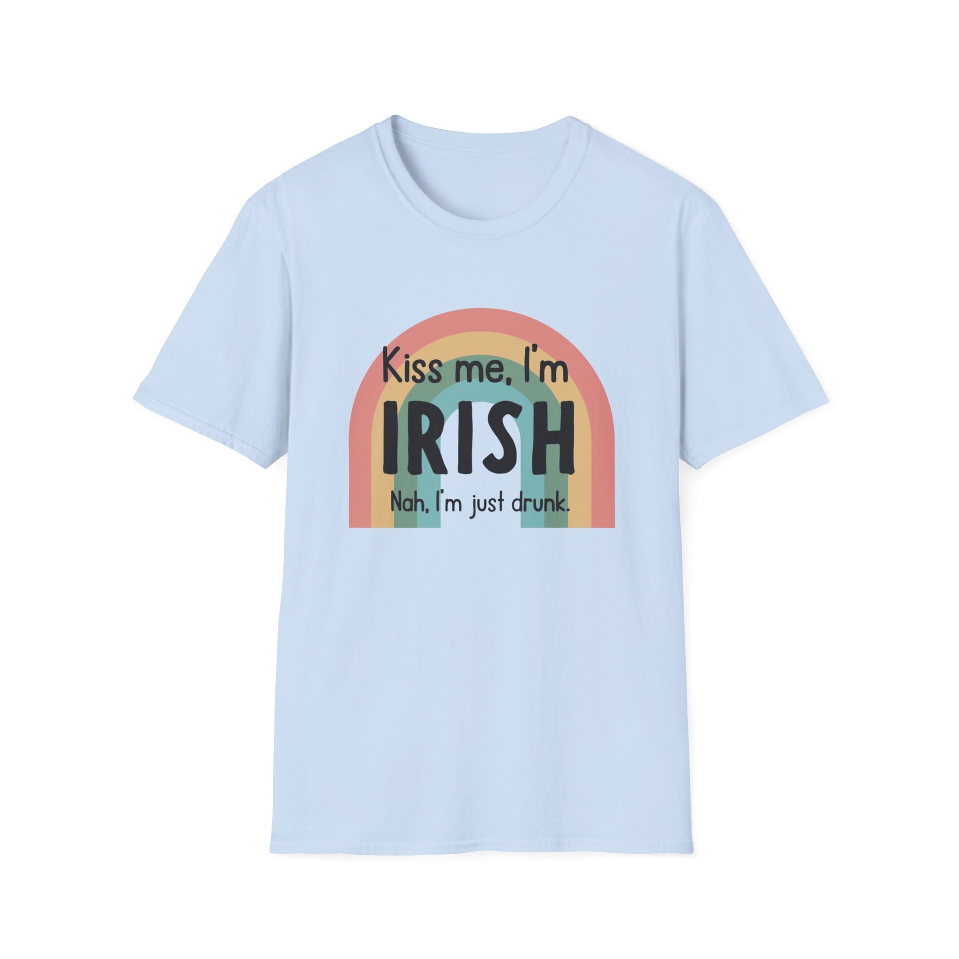 a blue t - shirt that says kiss me i'm irish