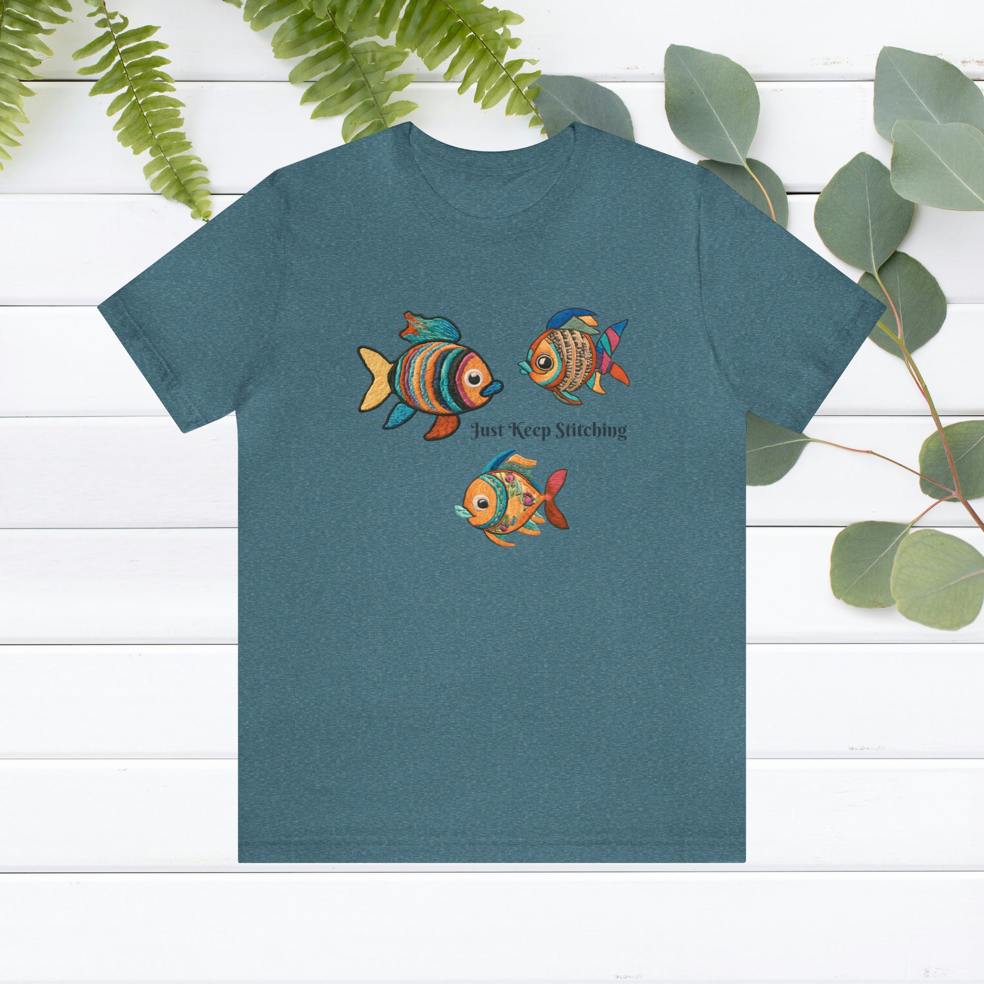 Just Keep Stitching Embroidered fish shirt